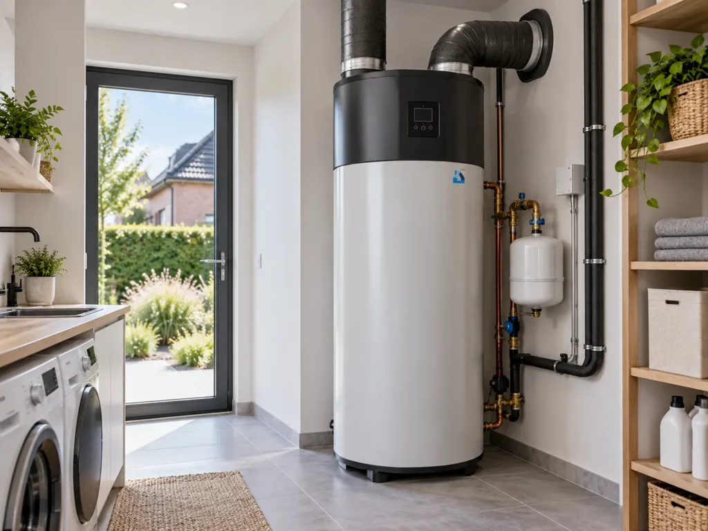 Energiezuinig warm water, verwarmd met warmte die uit de omgevingslucht wordt gehaald.